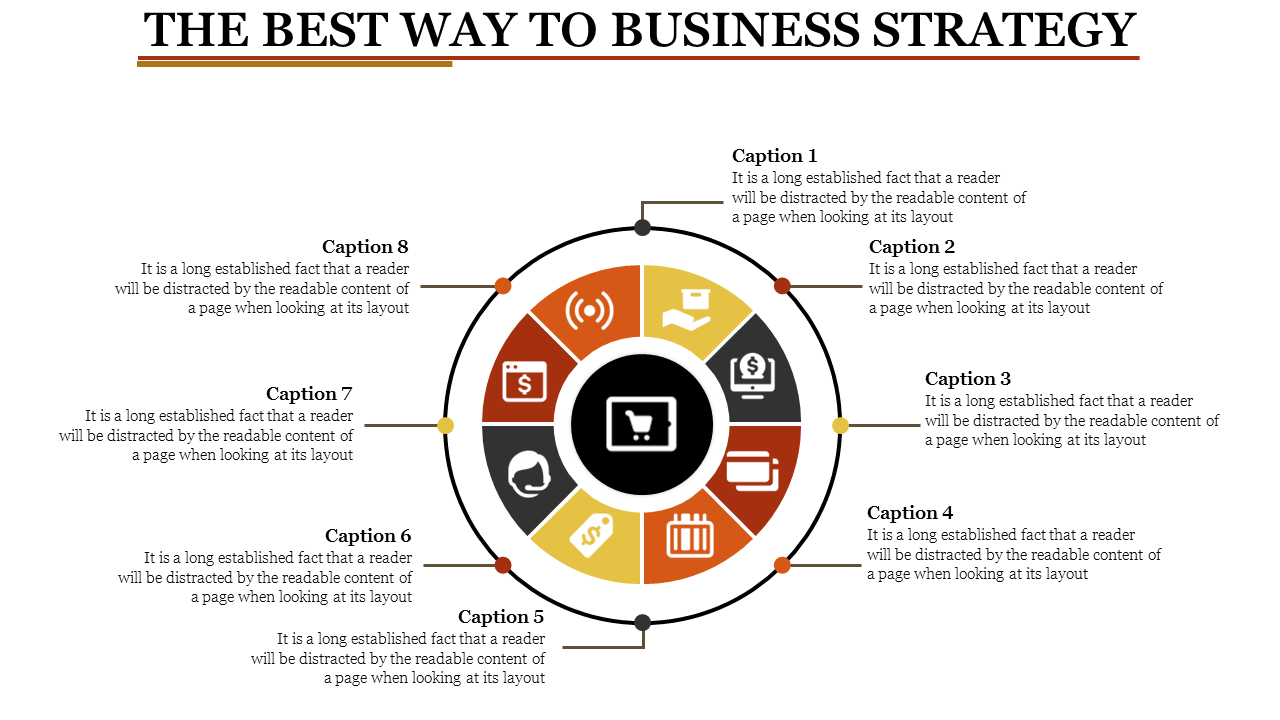 Business strategy template with a circular design, eight segments, and icons representing different business elements.