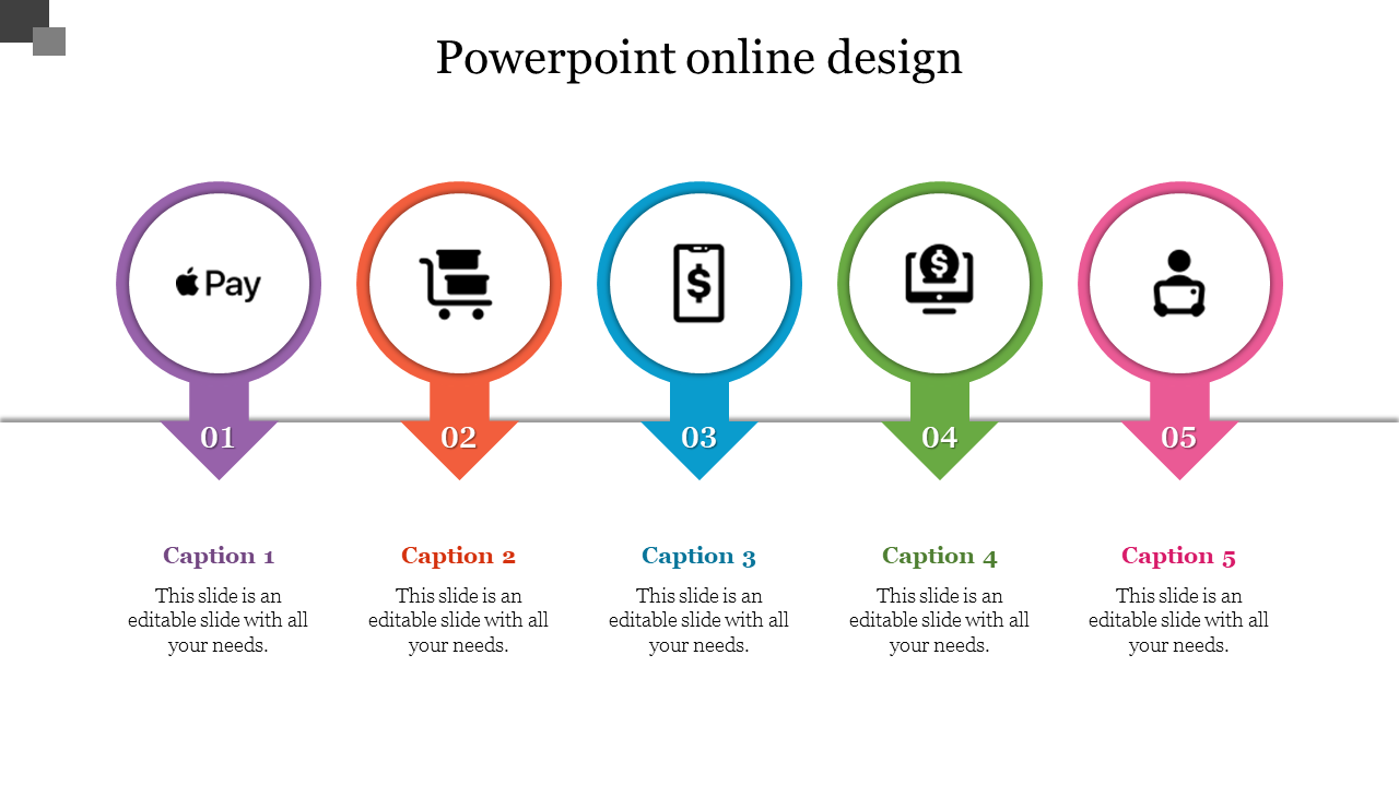 Five-step online design template with circular icons in purple, orange, blue, green, and pink, each with icons.