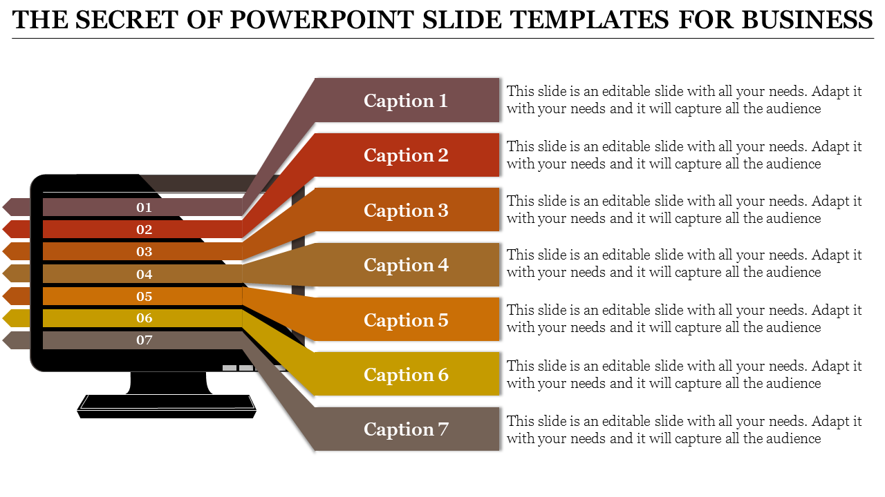 A business PPT slide with colored arrows labeled from Caption 1 to 7, originating from a computer monitor.