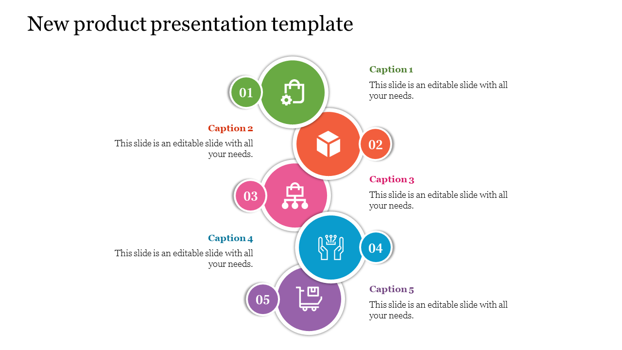 Colorful PowerPoint slide with five steps for a new product presentation, each with its icon.