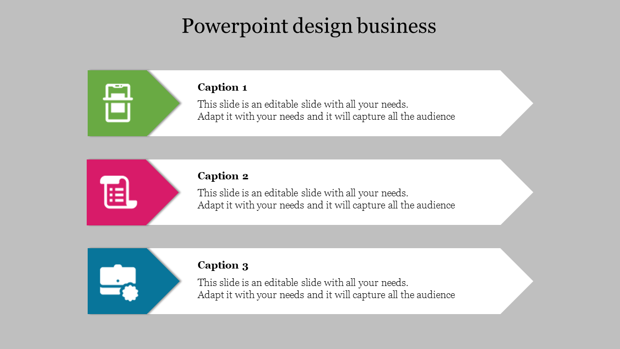 Business slide with three horizontal rows featuring green, pink, and blue arrow shapes paired with icons and captions.