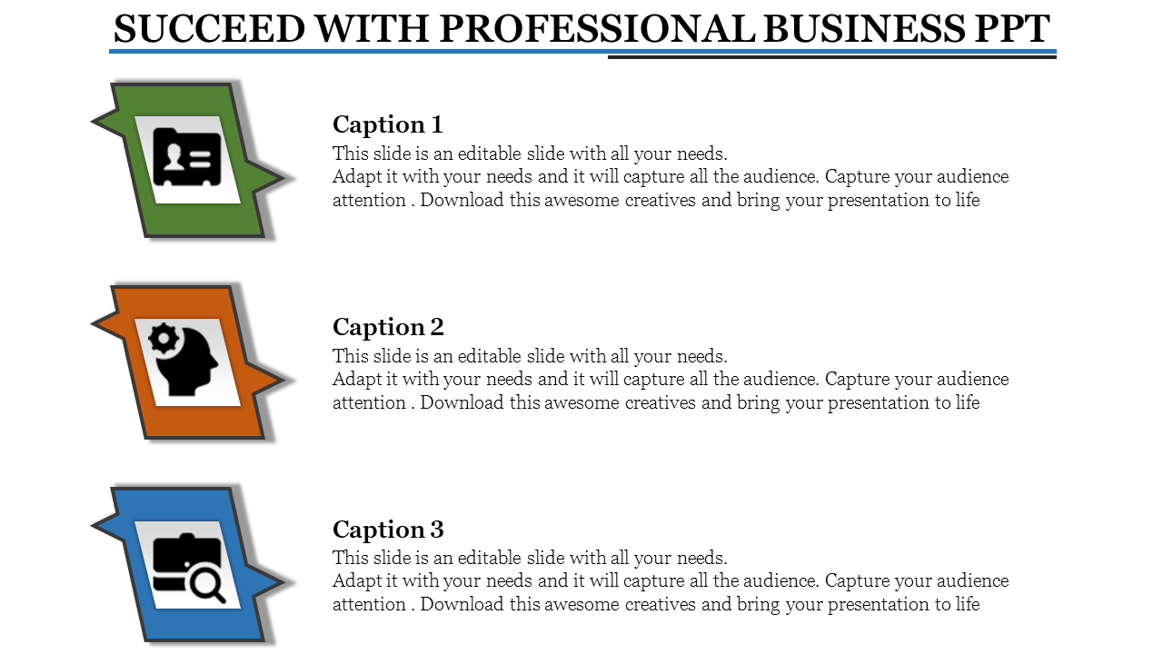 PowerPoint slide featuring icons and captions for a professional business presentation template.