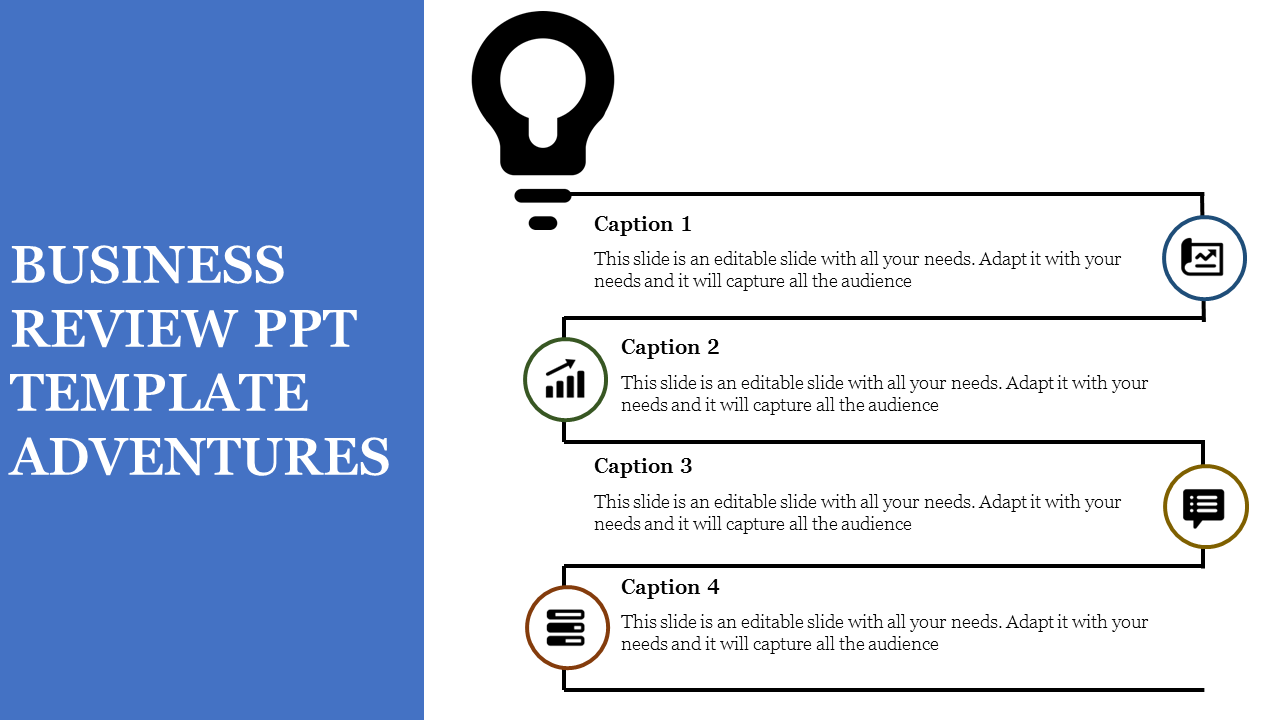 Business review PowerPoint slide featuring icons for steps, with captions and a lightbulb icon.