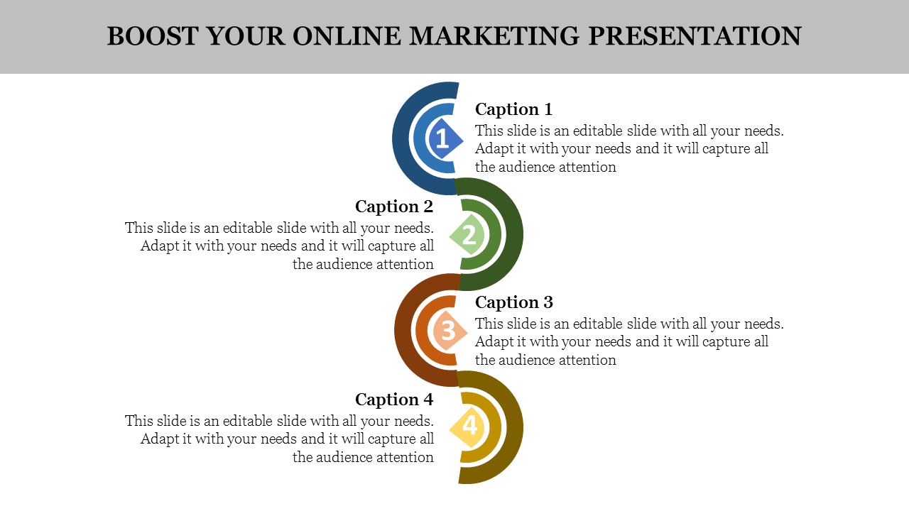 Modern marketing slide with four curved segments, each numbered and color-coded, aligned with text descriptions.