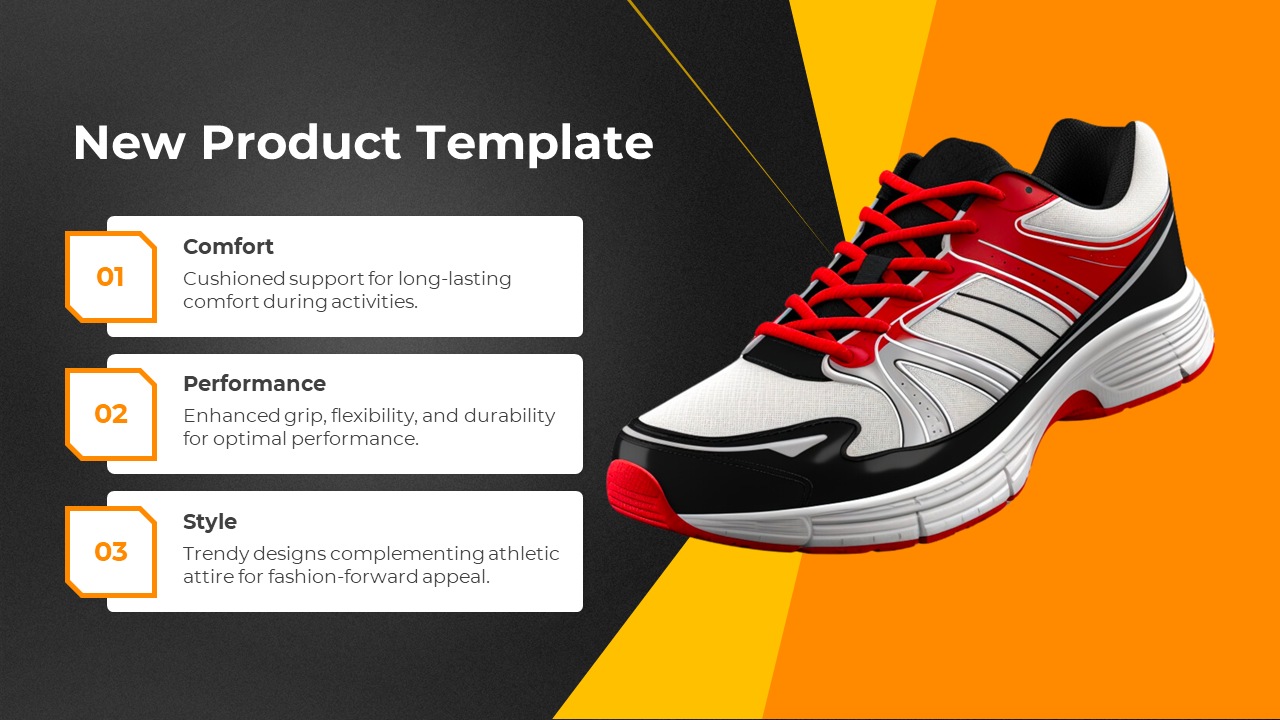 New product template featuring a stylish athletic shoe on a black and orange background with three descriptive sections.