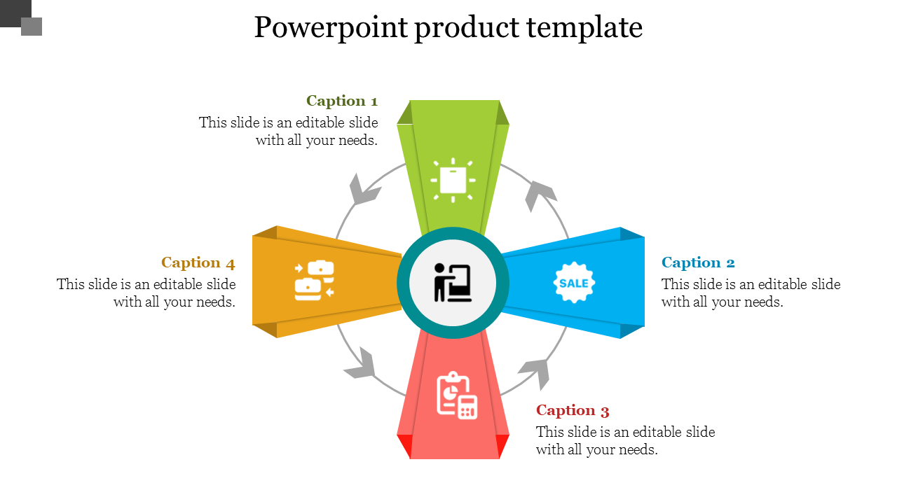 Colorful PowerPoint product template featuring four sections, each with an icon and a corresponding caption.