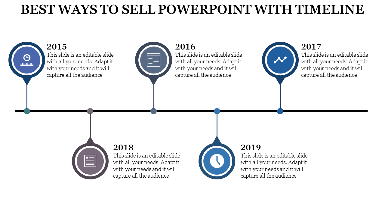 Timeline template showing a straight line with five blue circular markers and descriptive captions from 2015 to 2019.