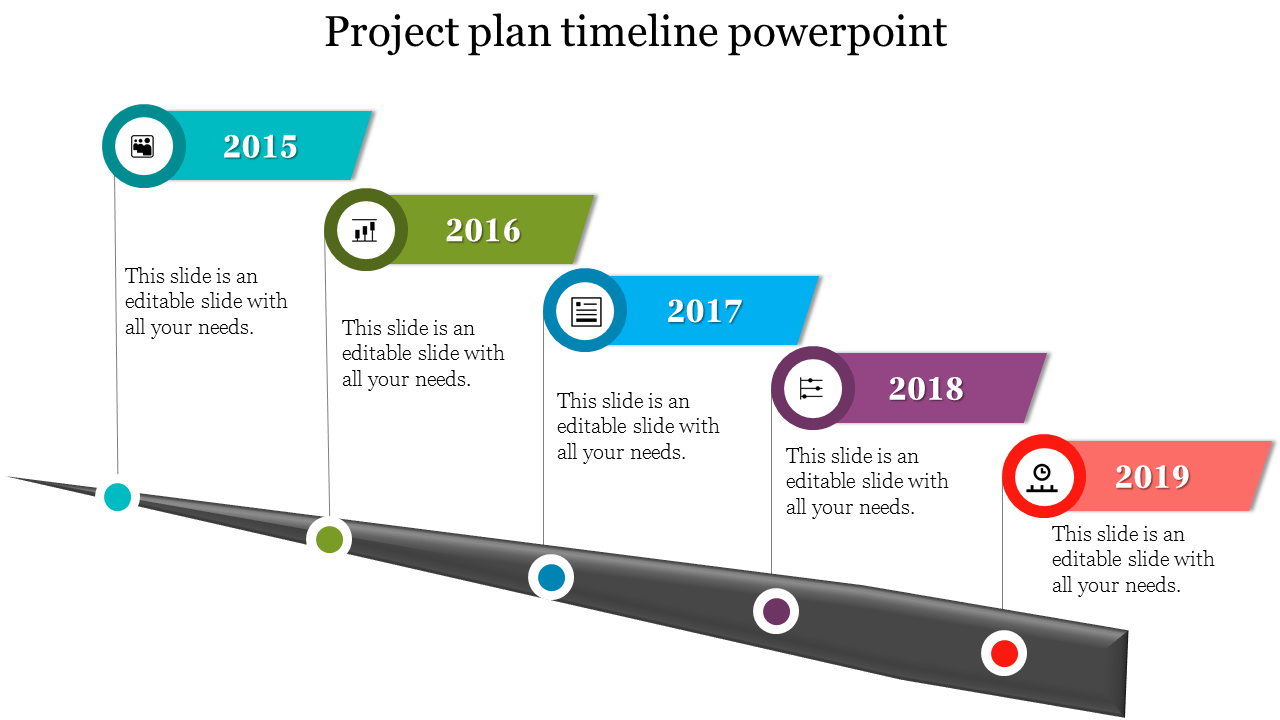 Timeline presentation slide showcasing project milestones from 2015 to 2019, with colorful markers and placeholder text.