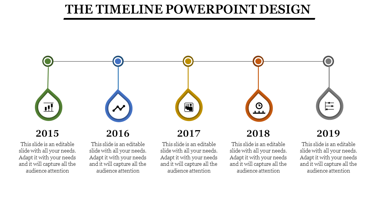 Timeline PowerPoint design with five years 2015 to 2019, each with an icon and year, depicting progress over time.