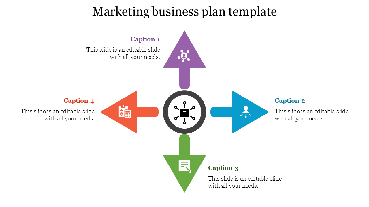 Marketing plan graphic with a central node symbol and four arrows: purple up, blue right, green down, and red left.