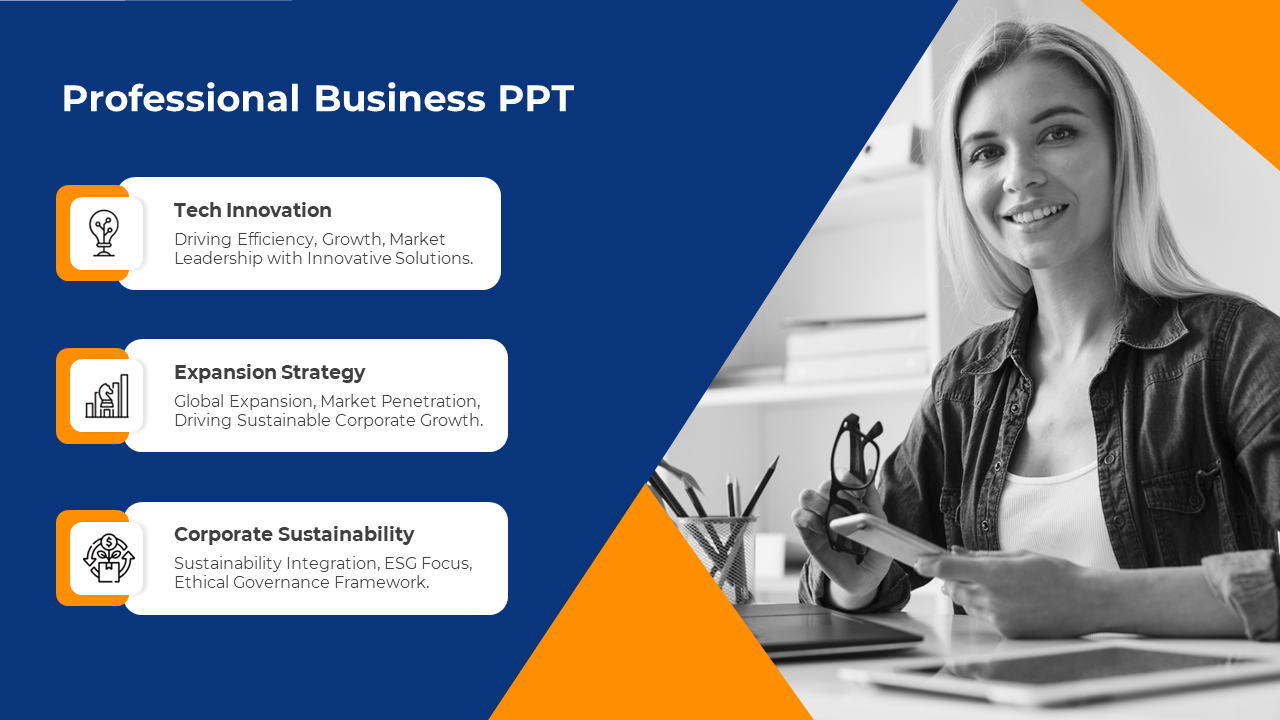 Slide featuring a blue and orange layout, with three text boxes for business strategies and a grayscale image of a woman.