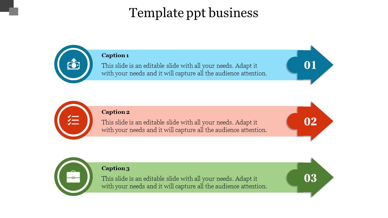 Business PPT slide with three text boxes in blue, red, and green with numbered arrows and circular icons at both edges.