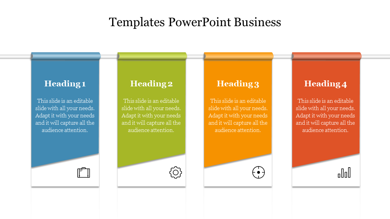 Vertical banner layout with four sections in blue, green, orange, and red, featuring headings and business related icons.