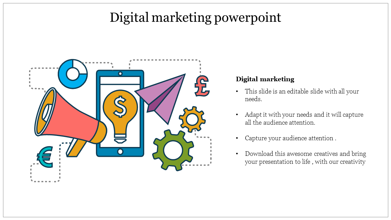 Visual representation of digital marketing concepts with icons, paired with a caption area and bullet points. 