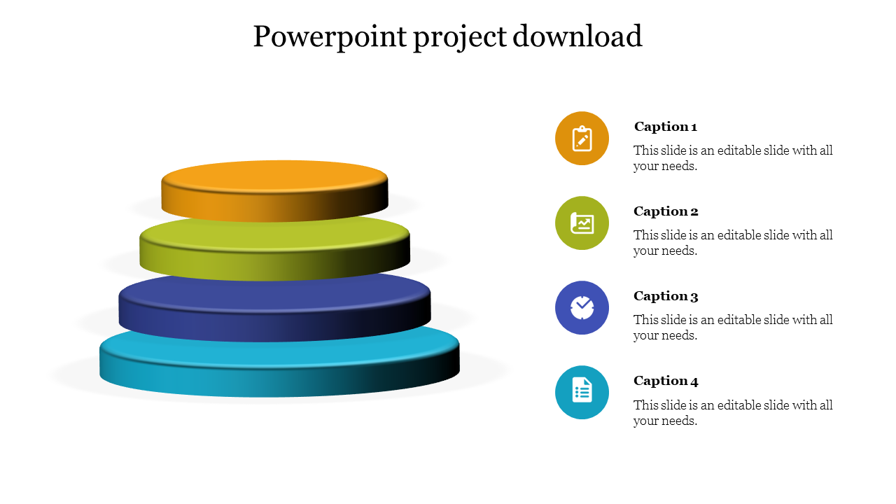 Layered 3D infographic with four colorful tiers in orange, green, blue, and teal, paired with captions and icons.