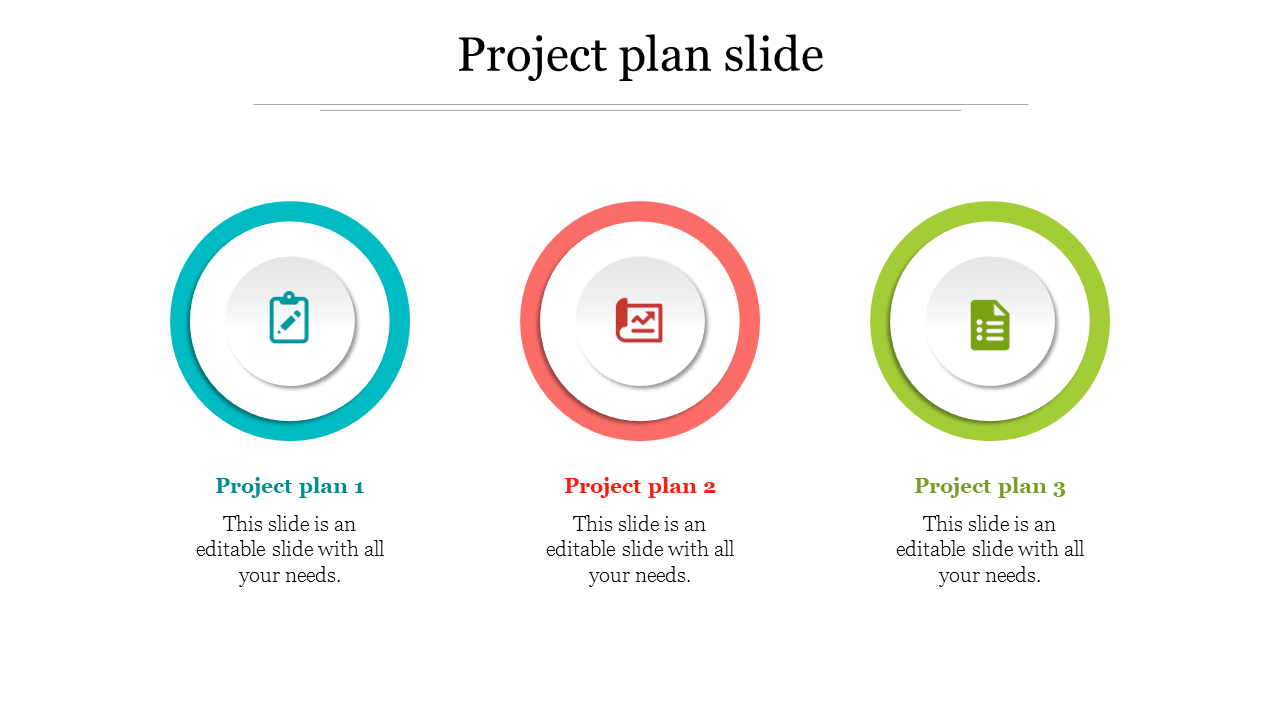 Project plan slide with three circular icons in blue, red, and green, with captions below each representing the steps.