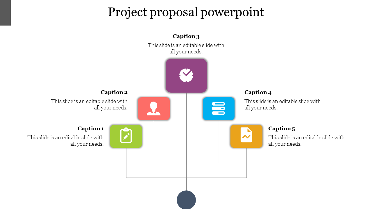 Project proposal slide with a central gray dot connected to five colorful boxes in green, red, blue, orange, and purple.