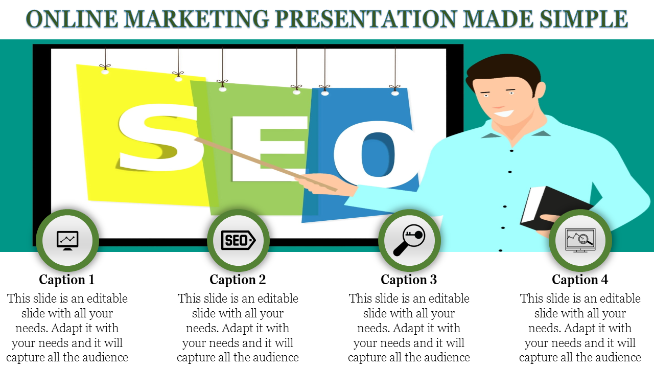 SEO slide with a man pointing to letters on a board, and four circular icons with captions about marketing.