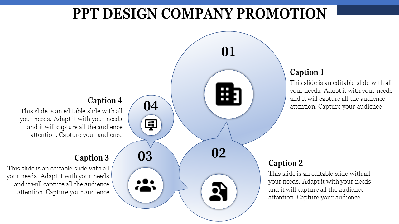 A circular business PPT design template featuring four numbered sections and icons for various business related topics.