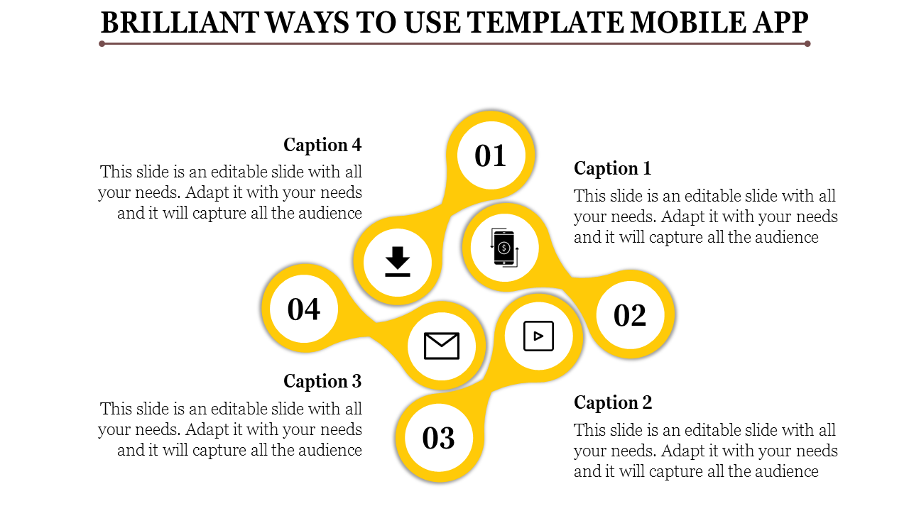 A PowerPoint template for mobile apps featuring four icons with numbered captions.