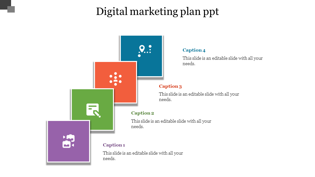 Colorful digital marketing slide with four ascending squares, each containing white icons and placeholder text areas,