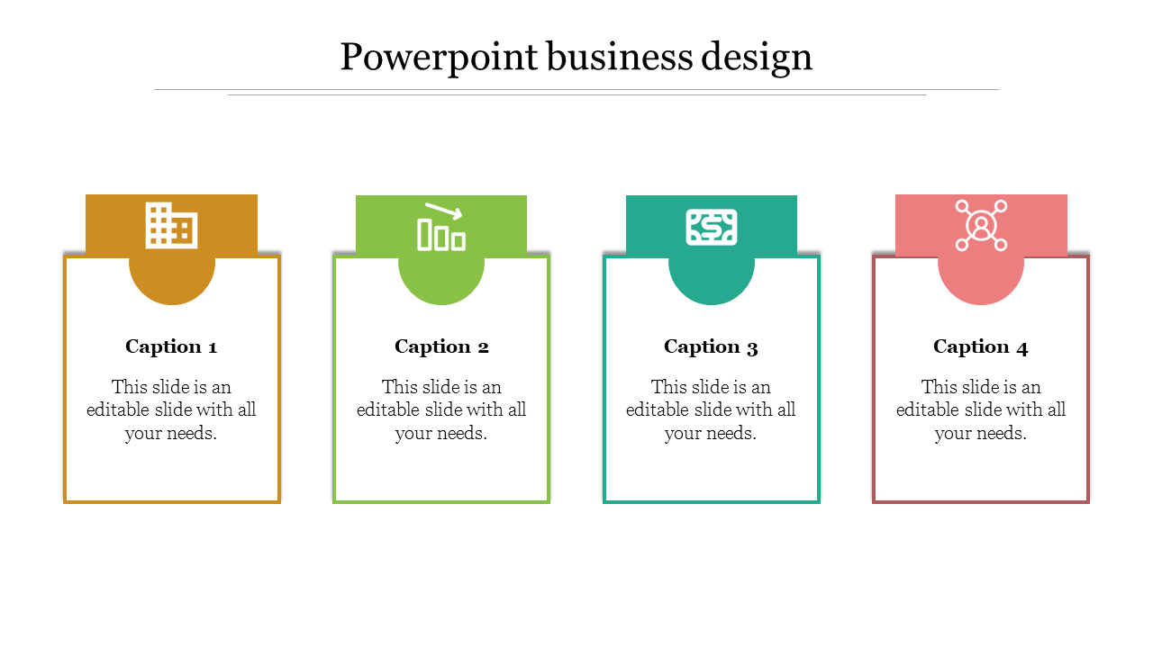 Four vertical cards in orange, green, teal, and pink with icons on top, and captions inside.