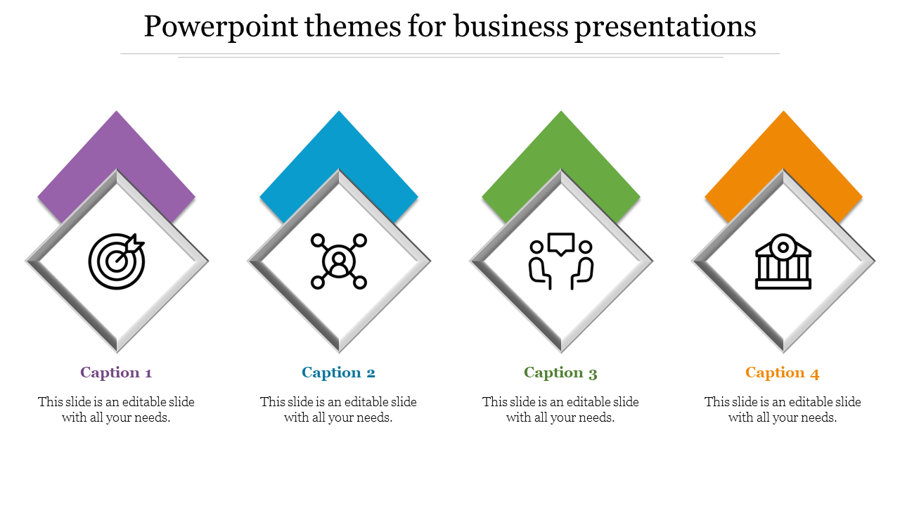 Business slide with four diamond-shaped tiles featuring icons for goal, team network, conversation. 