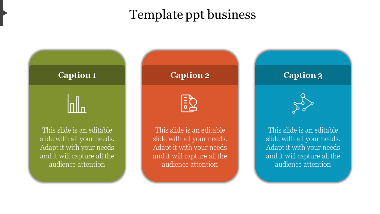 Business presentation slide featuring three colorful boxes, each with an icon and text.