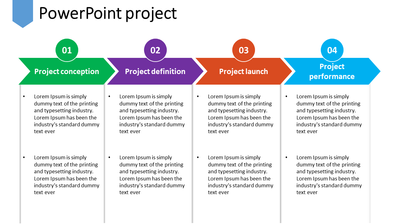 Project slide with four numbered arrows in green, purple, orange, and blue, each with title and captions.