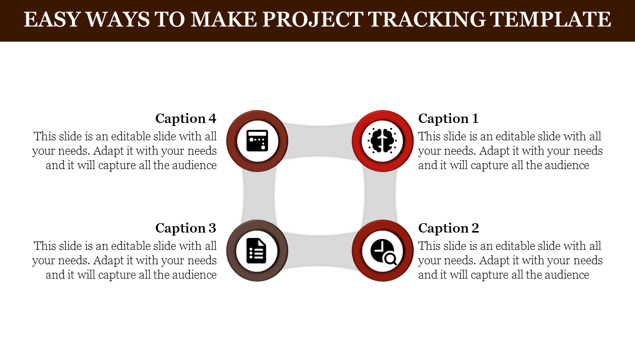 Square layout for project tracking with four red icons brain, clock chart, document, and grid interface at each corner.