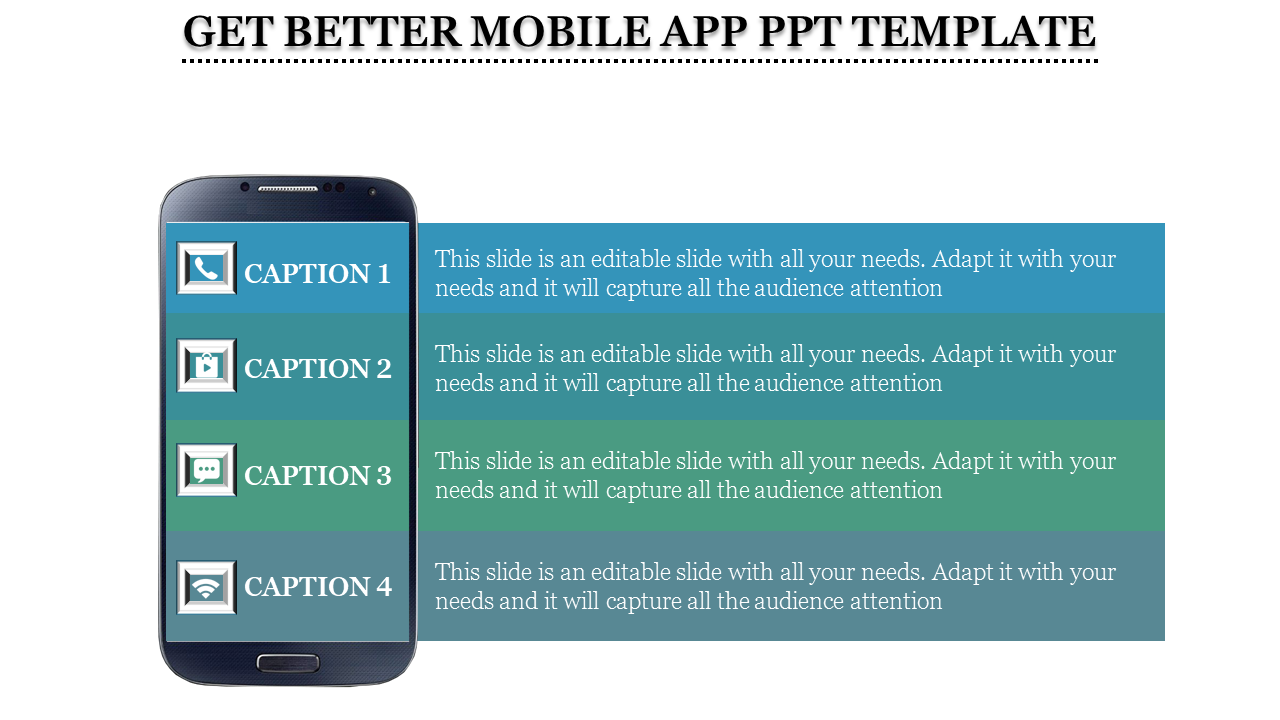 Mobile phone graphic slide with four captions for app features with icons.