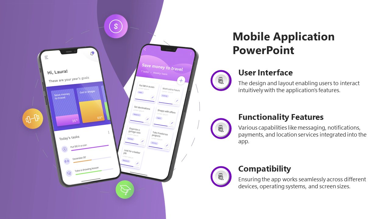 Mobile application template with app mockups and details on design, features, and device compatibility.