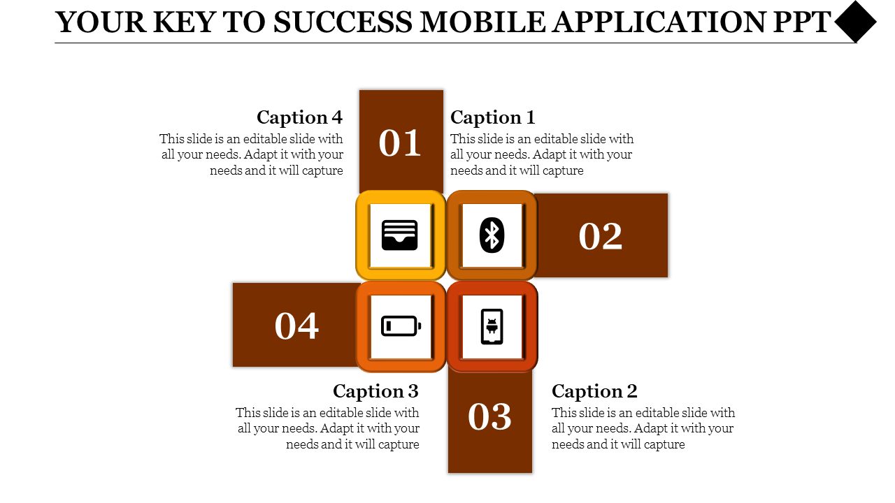 Modern template for mobile app presentations with a central icon and four captions surrounding it.