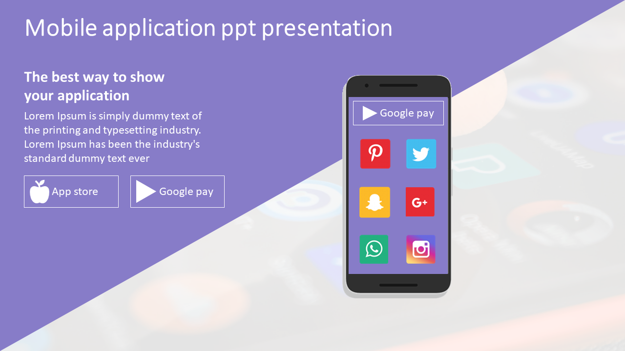 Mobile application template featuring a smartphone with colorful app icons and a caption areas on a purple background.