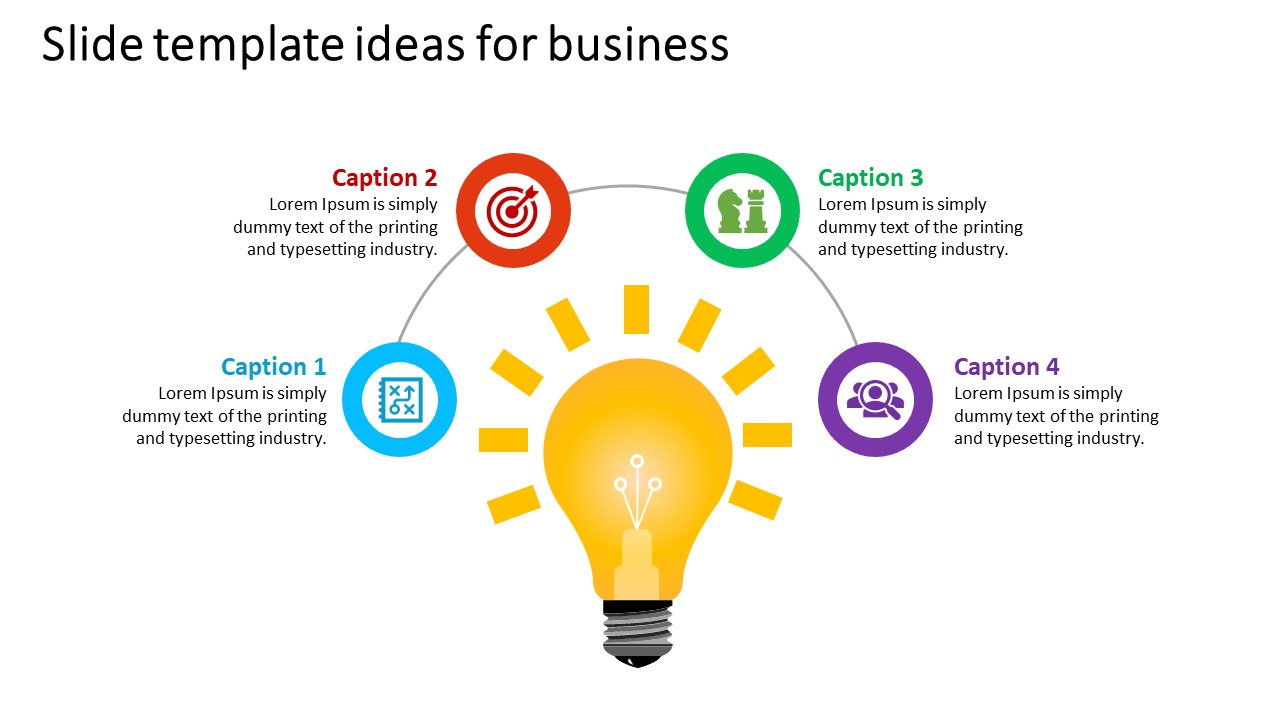 Business idea slide featuring a glowing light bulb center with four icons connected in blue, red, green, and purple circles.