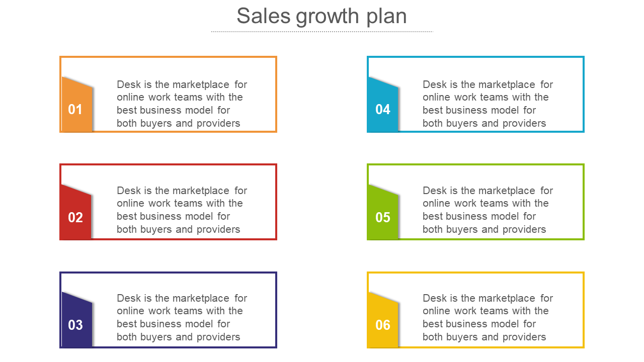 Sales growth plan slide with six colorful blocks, each containing a description.