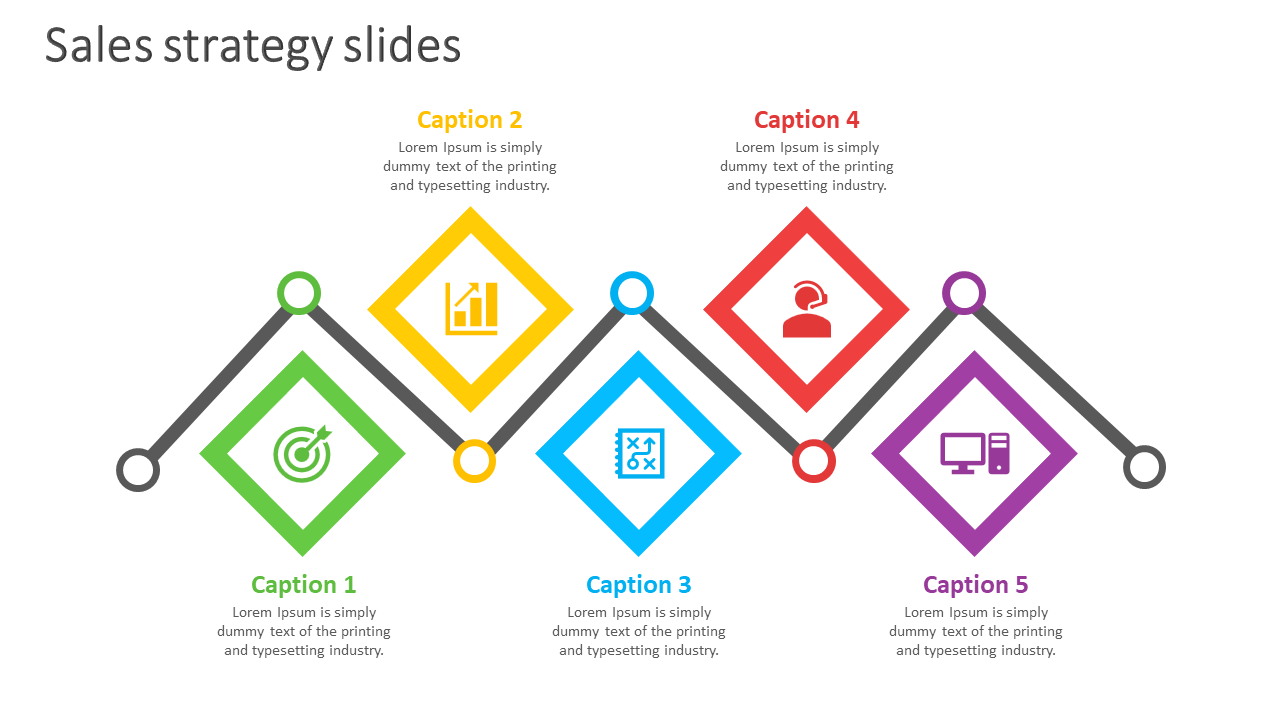 Colorful sales strategy slide with diamond shapes representing key strategies, each containing different icons and captions.