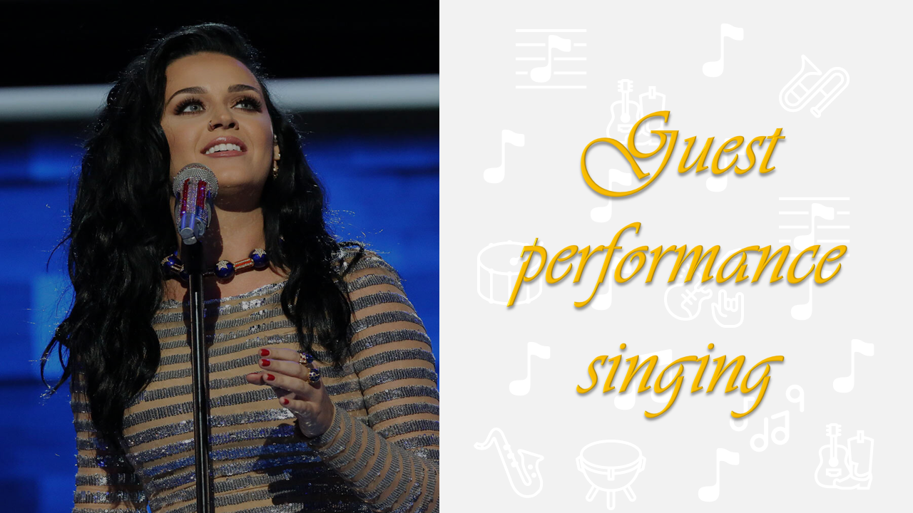 Stage performance with a woman singer holding a microphone, next to decorative musical icons.