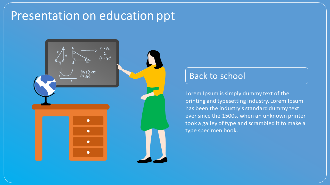 Educational slide featuring a teacher explaining math concepts on a chalkboard, with a globe on a desk.