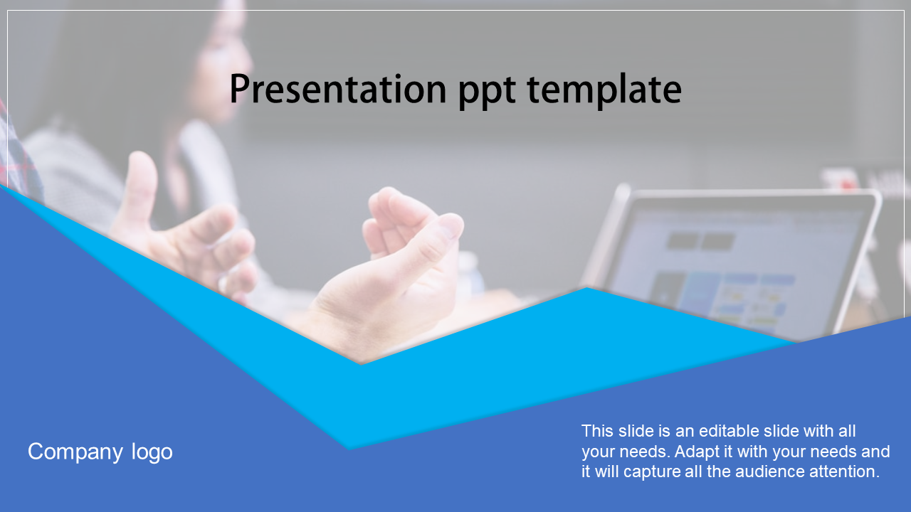 Blurred meeting scene with blue angular design overlay, company logo placeholder, and  caption box.