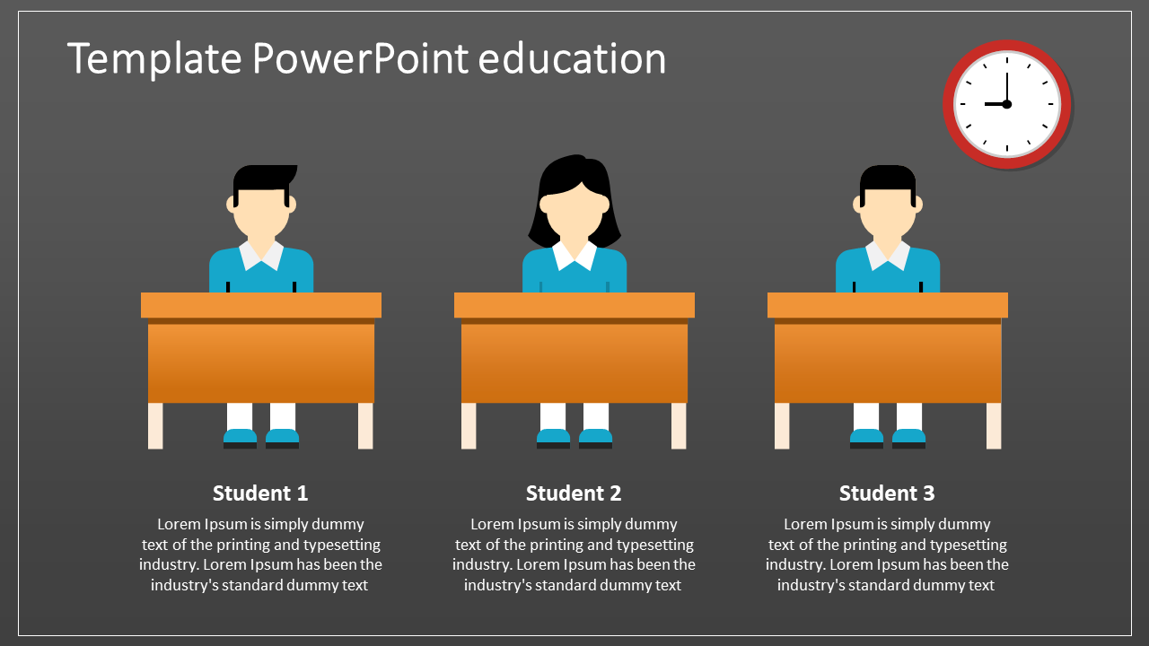 Illustration of three students sitting at desks in an educational template with placeholder text and a red wall clock.