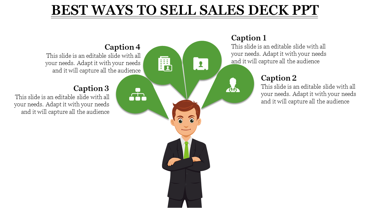 Slide showing a businessman with four green speech bubbles containing icons and captions, representing sales strategies.