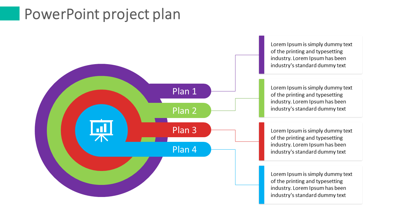 Concentric rings in purple, green, red, and blue, representing plans, with connected text boxes on the right.