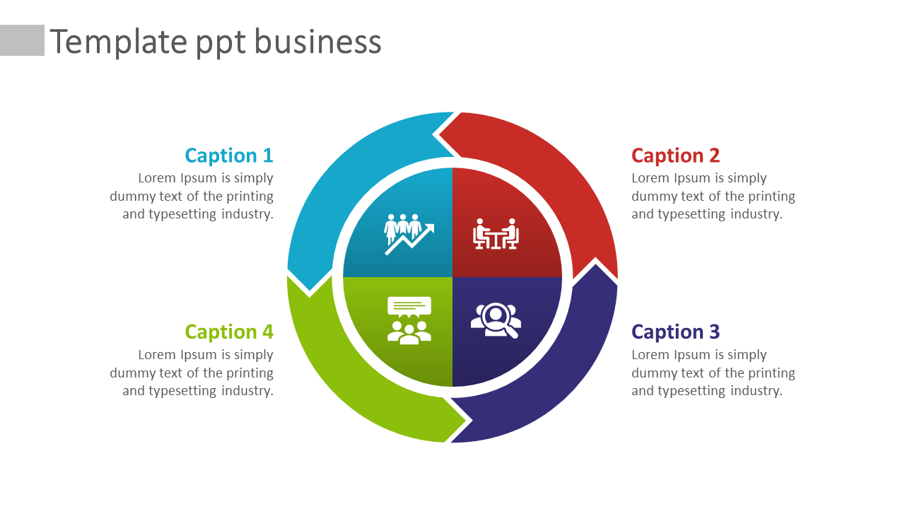 Business template featuring a circular flow with sections in blue, red, green, and purple, paired with icons and text.