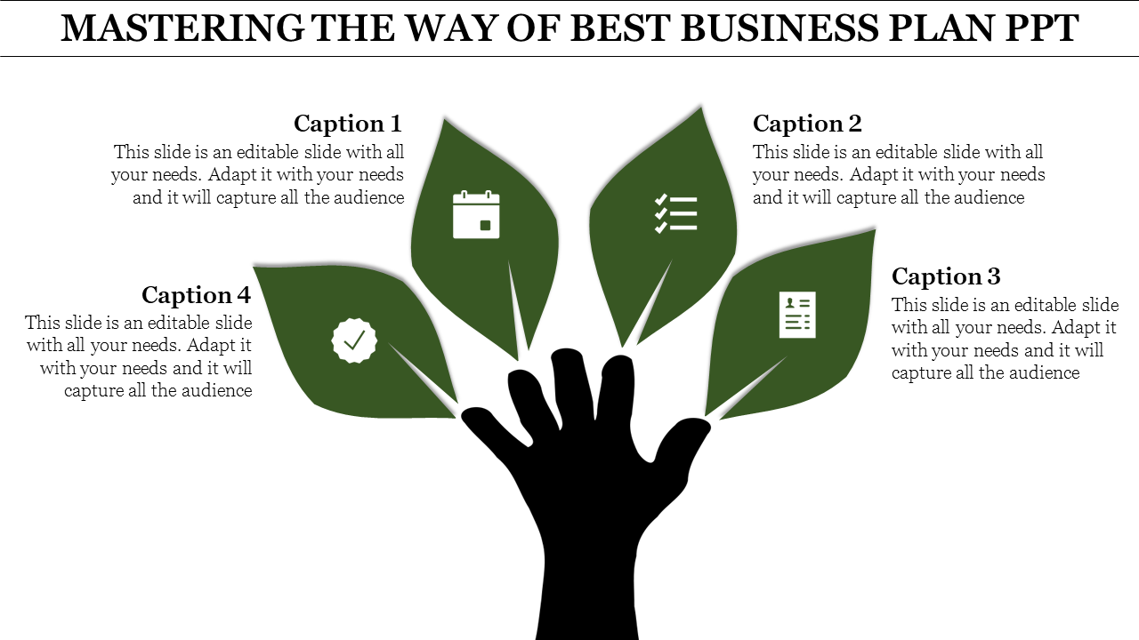 Silhouette of a hand with green leaves, each containing icons and captions, representing business plan steps.