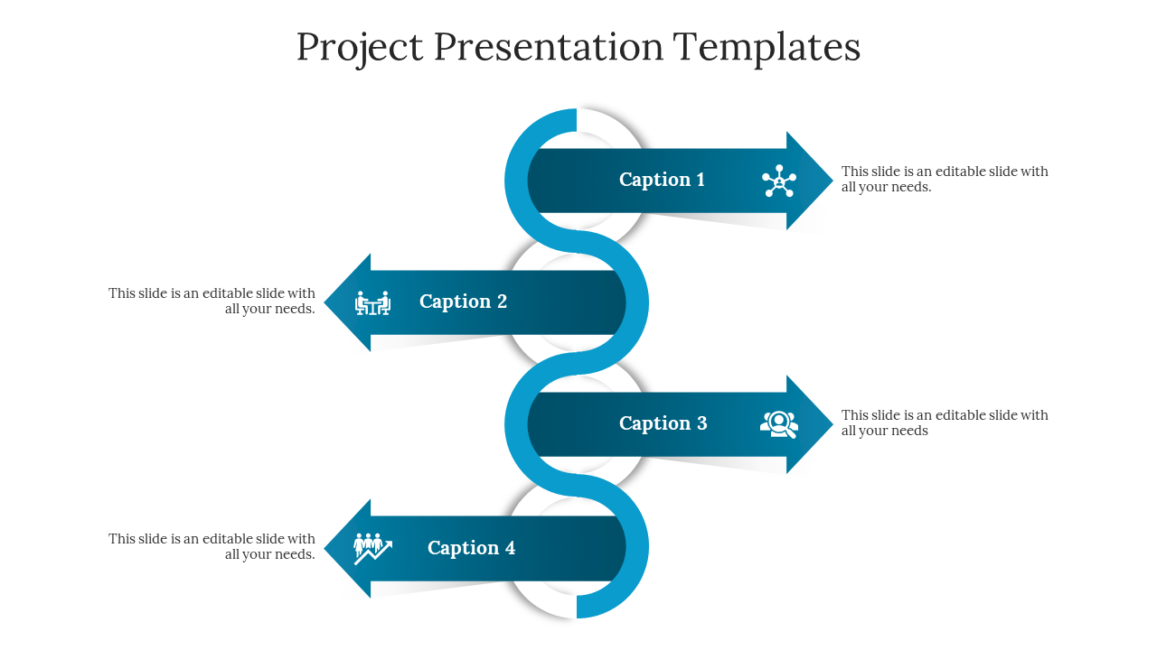 Business project PowerPoint template with a flowchart showing stages like project planning, research, and teamwork.