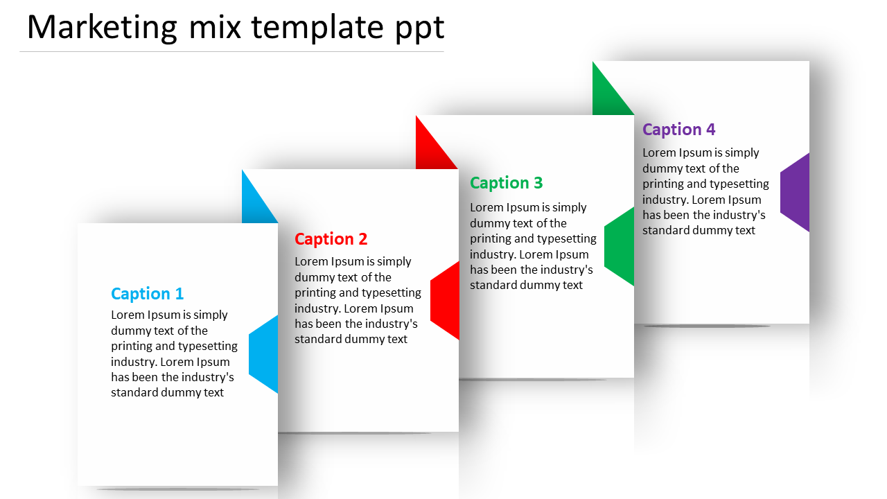 Four overlapping text boxes in blue, red, green, and purple, each with placeholder text for marketing mix.