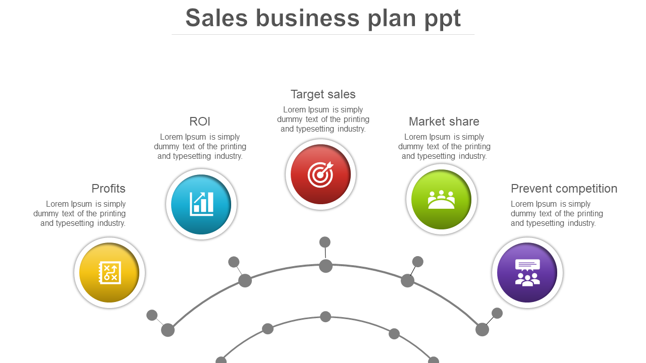 Business slide featuring five circles with icons in yellow, blue, red, green, and purple, each linked to descriptive text.