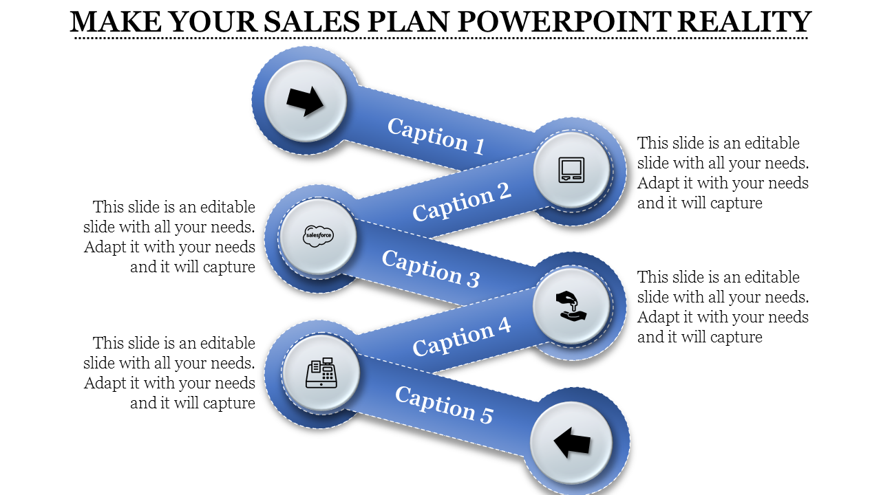 Sales plan PowerPoint template with five steps represented by arrows and icons with captions.