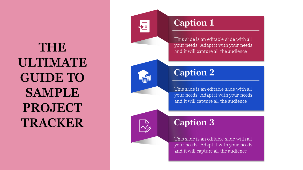 Sample project tracker with three ribbon-like sections in multi colour, each with icons and placeholder text.